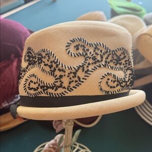 Stylish Cream Fedora with Black Embroidery vintage hat by Lane Bryant